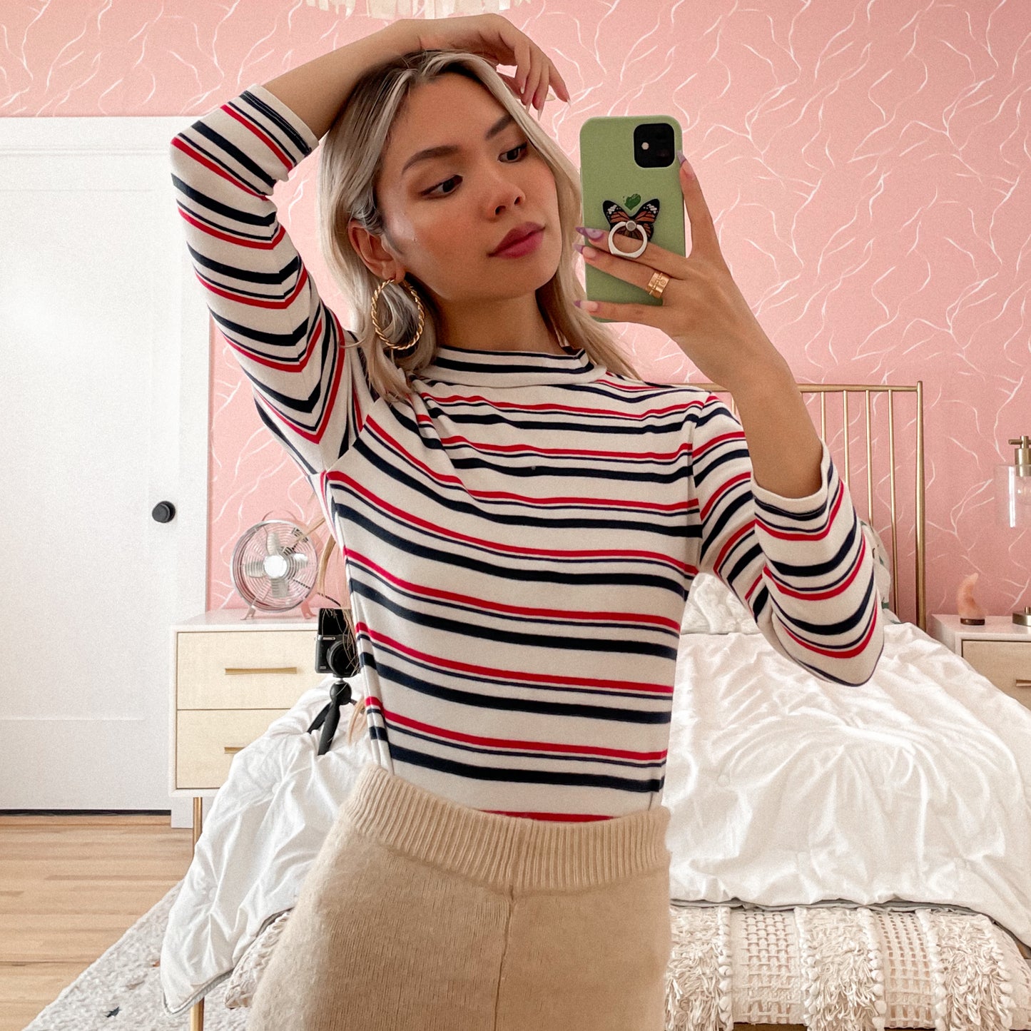 Striped Down Mock Neck Long Sleeve