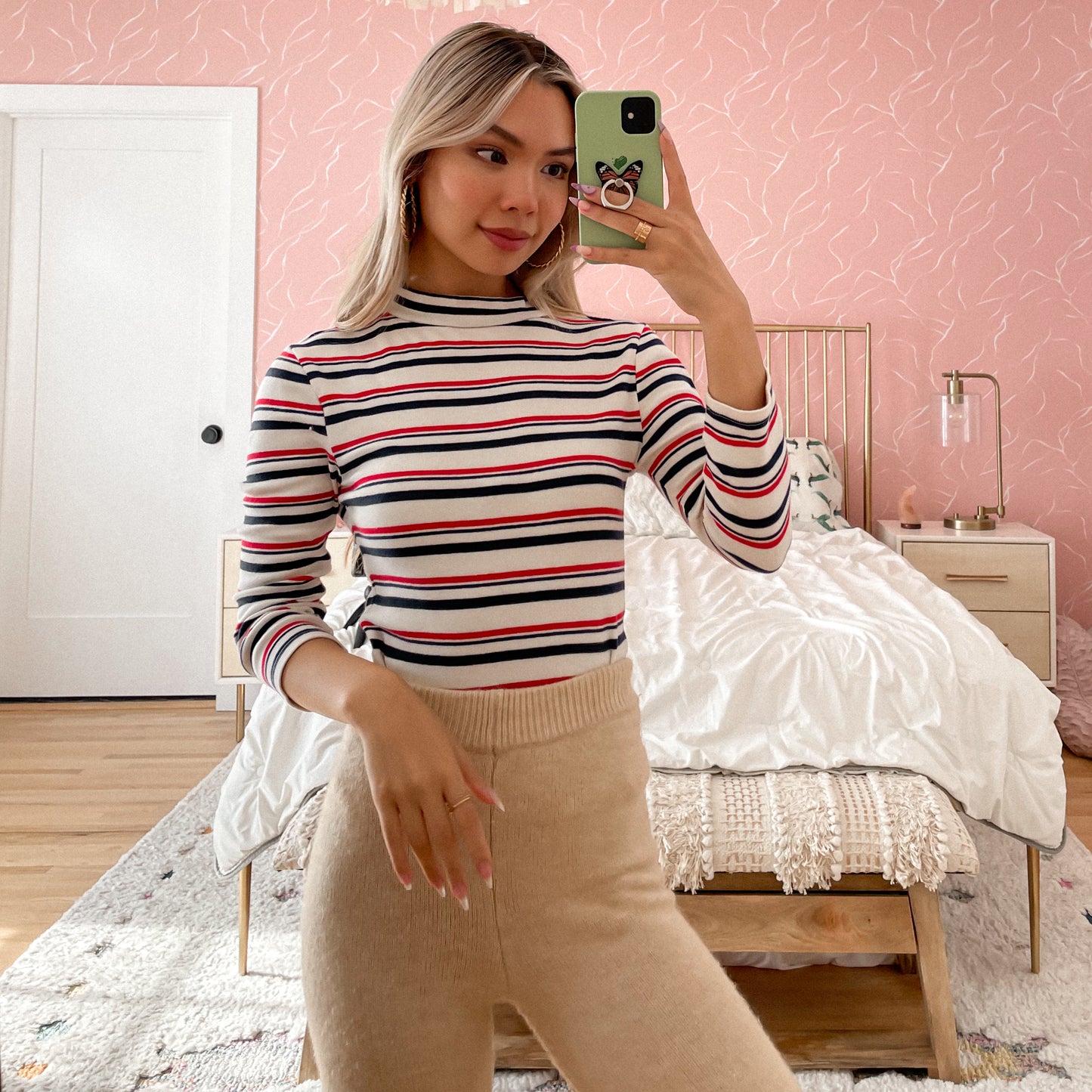 Striped Down Mock Neck Long Sleeve