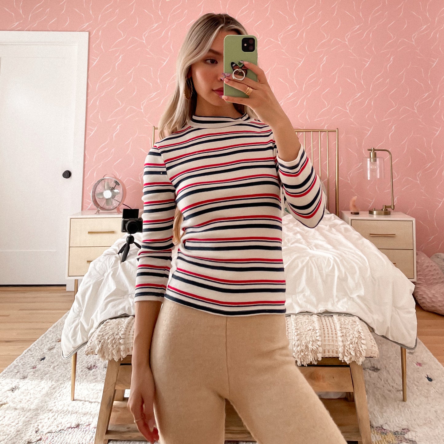 Striped Down Mock Neck Long Sleeve