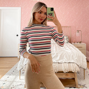 Striped Down Mock Neck Long Sleeve